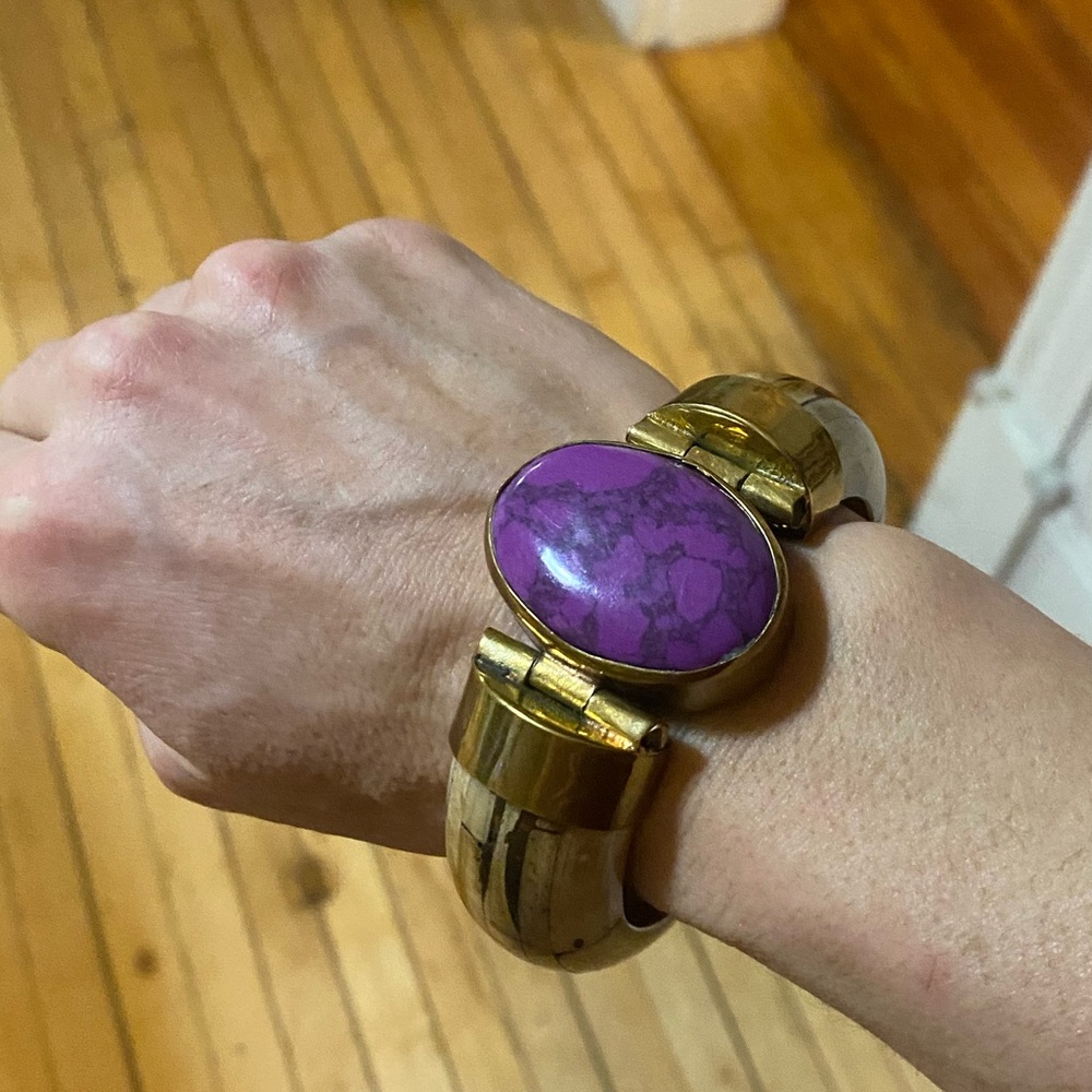 Vtg Carved Bone Boho Brass Wood Bangle Bracelet mojave stone